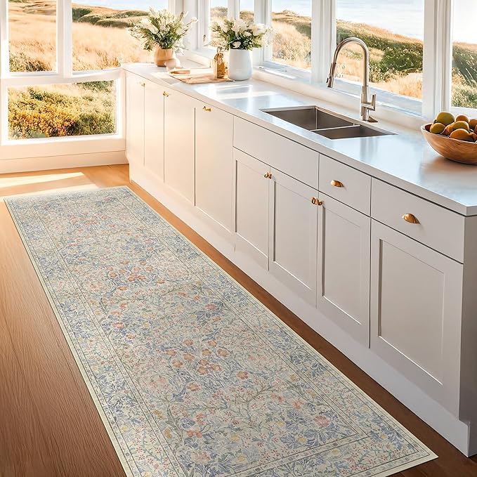Floral 3x8 Wide Hallway Runner - Beige Blue with Lilic Accent, Boho Forest Decor, Washable Low Pile Non Slip Stain Resistant Rug for Long Kitchen, Large Bathroom, Hall Way