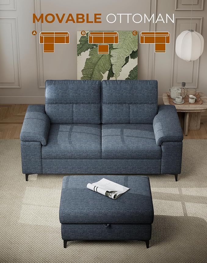 71.25" L Shaped Sectional Couches for Living Room, Deep Seat Sofa with Big Storage Ottoman & 8”Cushion, Comfy 2-Seater Chenille Loveseat, Convertible Armrest, Removable Cover for Small Space(Blue)