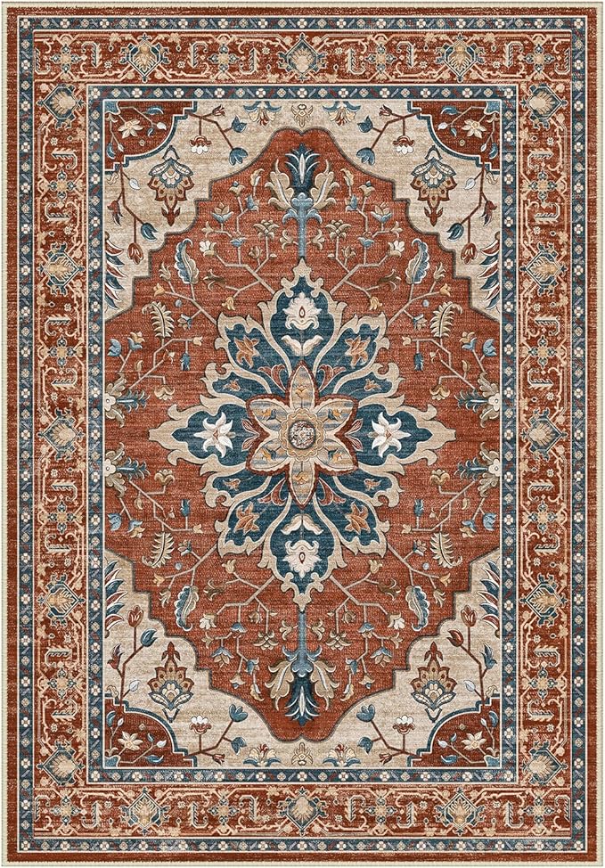 Area Rugs 2'x3' Washable Non-Slip, Floral Vintage Distress Print Pattern Medallion Carpet for Living Room Bedroom Dining Room, Red Orange Blue Brown