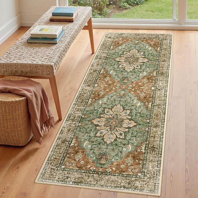 Area Rugs 3'x7' Washable Non-Slip, Floral Vintage Distress Print Pattern Medallion Carpet for Living Room Bedroom Dining Room, Brick Red Rust Neutral Brown Burnt Orange Green
