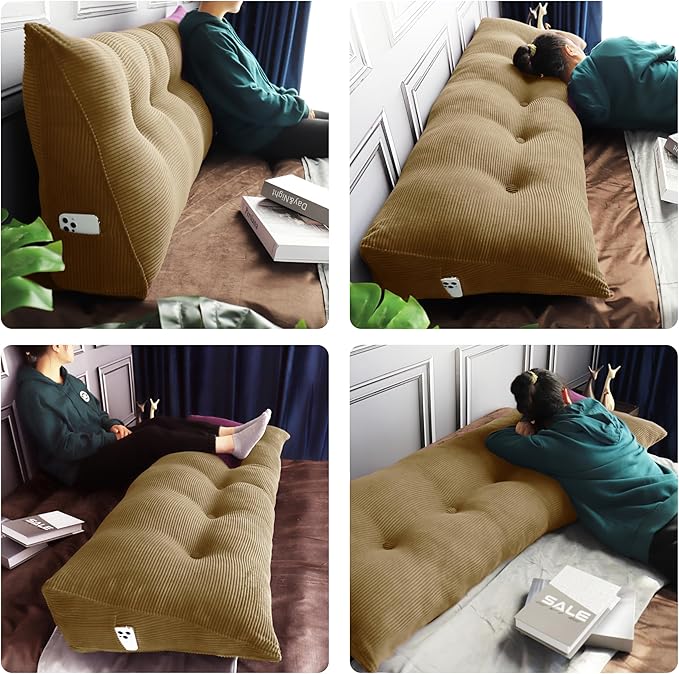 WOWMAX 100% Cotton Corduroy Headboard Pillow – Full Size Back Support Reading Wedge for Bed & Daybed, Plush Handmade Bolster Cushion with Removable Cover, Cozy Bed Rest Pillow, Taupe
