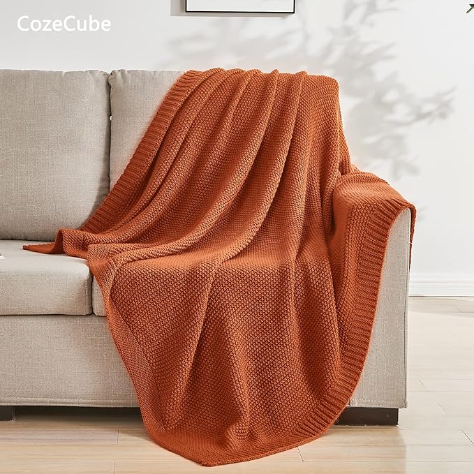 CozeCube Orange Throw Blanket for Couch, Soft Cozy Cable Knit Throw for Bed Sofa Living Room, Lightweight Warm Decorative Farmhouse Christmas Blanket, 60"x80", Burnt Orange