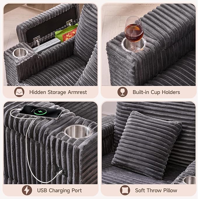 ONBRILL Corduroy Oversized Chair with Ottoman, 44" Wide Armchair with Cup Holders & USB Port, Reading Chair w/Storage Armrest, Easy Assembly, Comfy Single Sofa Bed for Living Room, Apartment, Grey