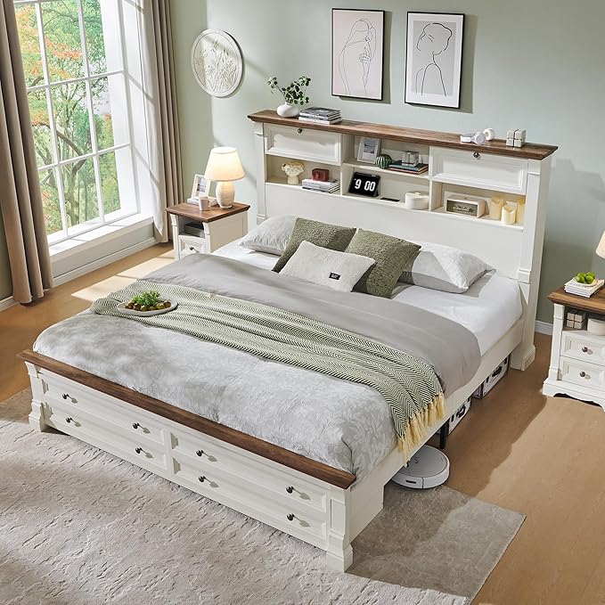 Farmhouse Queen Size Bed Frame with 54" Tall Storage Bookcase Headboard, Wood Platform Bed Frame with 2 Drawers & 18" Tall Roman Column Decoration Footboard, No Box Spring Needed(Antique White)