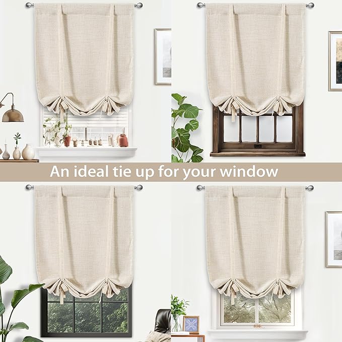 DriftAway Double Layer Linen Blackout Tie Up Curtains Thermal Insulated Fully Lined Balloon Roman Shade Bathroom Window Adjustable Rod Pocket for Small Window 25 Inch by 47 Inch Beige