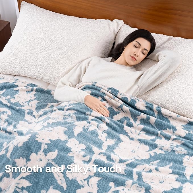 Luxury Printed Fleece Warm Blanket, Soft Lightweight Velvety Plush Throw for Couch and Bed, Cozy Comfy for All Seasons(Blue Floral Silhouette, 90×90 Inches)
