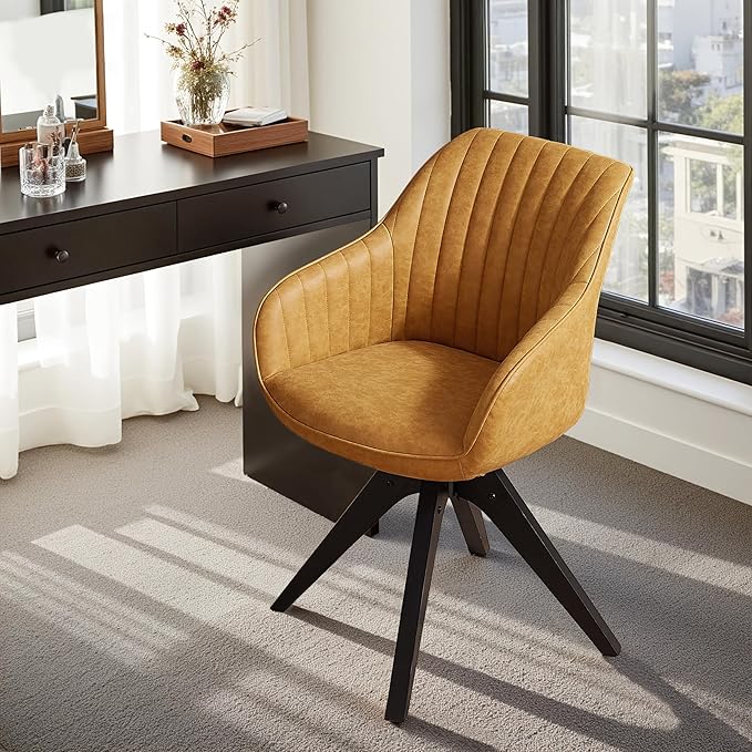 Zouron Mid Century Modern Accent Chair with Black Oak Wood Legs, Upholstered Swivel Chair No Wheels, Side Accent Armchair Vanity Chair for Small Space Home Office Living Room Bedroom, Yellow Brown
