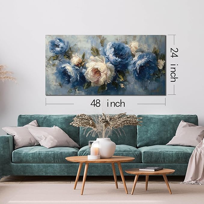 JuhaiArt Flower Wall Art for Living Room Bedroom Home Office White Wall Decor Floral Wall Picture Blue Prints Peony Artwork Art 24" x 48"