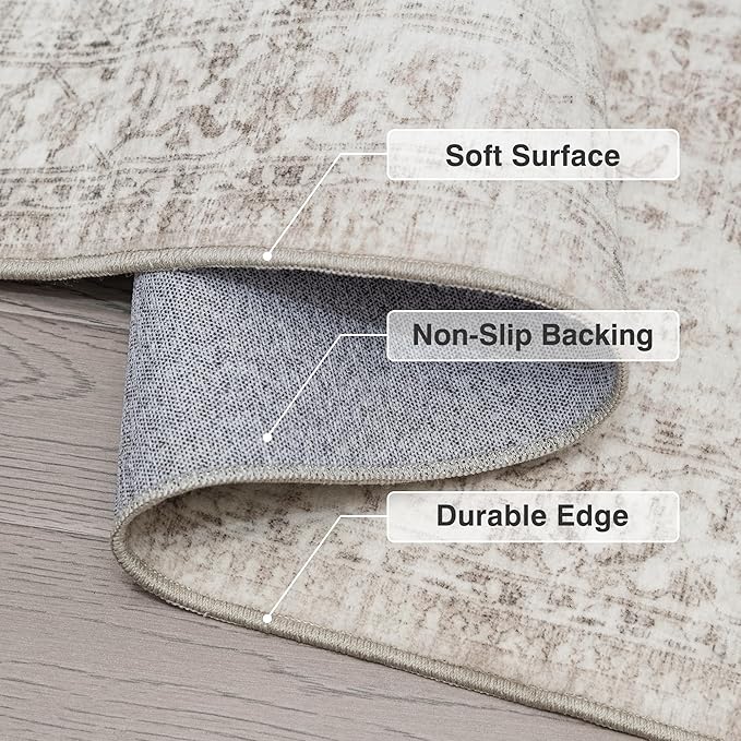 FMFUNCTEX 6x9 Washable Area Rug Beige Vintage Neutral Distressed Large Non Slip Carpet for Living Room Bedroom Soft Low Pile Indoor Mat Retro Floral Throw Rug for Dining Room Kitchen Office Nursery