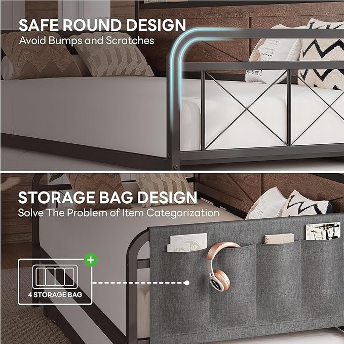 LIKIMIO Twin Daybed with Trundle Bed, Storage Headboard with Charging Station, Sofa Day Bed with Strong Supports for Living Room, Bedroom, and Guest Room, Dark Brown
