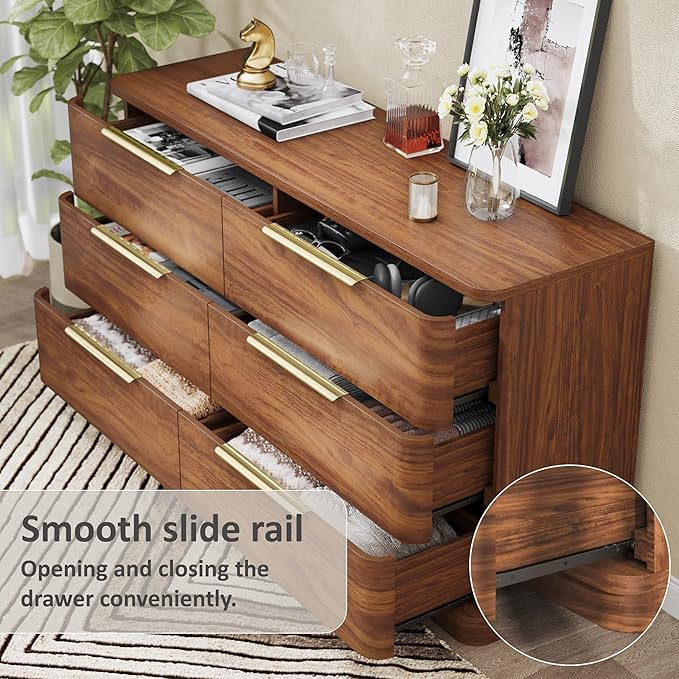 6 Drawer Dresser for Bedroom, 54" Wide Modern Chest of Drawers with Metal Handle, Curved Profile Design, Wooden Walnut Dresser Closet Clothes Storage TV Stand for Living Room, Hallway