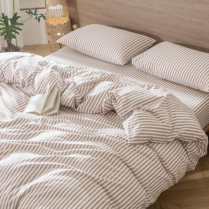 MooMee Striped Duvet Cover Set 100% Washed Cotton Linen Like Textured Breathable Durable Soft Comfy (Orange Classic Stripes, King 104"x90")