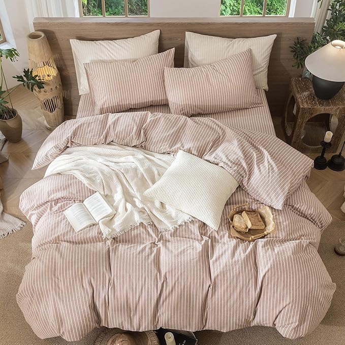 MooMee Striped Duvet Cover Set 100% Washed Cotton Linen Like Textured Breathable Durable Soft Comfy (Orange White Wide Stripes, Cal King 104"x98")