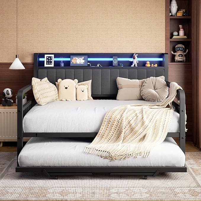 Daybed with Trundle and LED Light, Heavy Duty Metal Full Bed Frame with Upholstered Storage Headboard & Charging Station, Day Bed Pop Up Trundle Bed for Living Room,Bedroom and Guest Room, Black