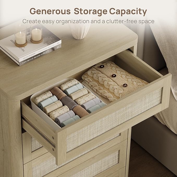SICOTAS Tall Dresser for Bedroom - Rattan 5 Drawer Dressers Chest of Drawers with Push-to-Open Design, Boho Extra Deep Clothes Dresser with Large Storage for Closet, Living Room, Sand Oak, 3PCS