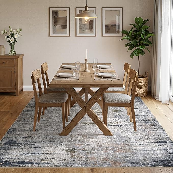 Area Rug Living Room Rugs - 5x7 Washable Large Soft Indoor Neutral Modern Abstract Low Pile Rug Carpet for Bedroom Dining Room Farmhouse Home Office - Blue/Grey/Brown