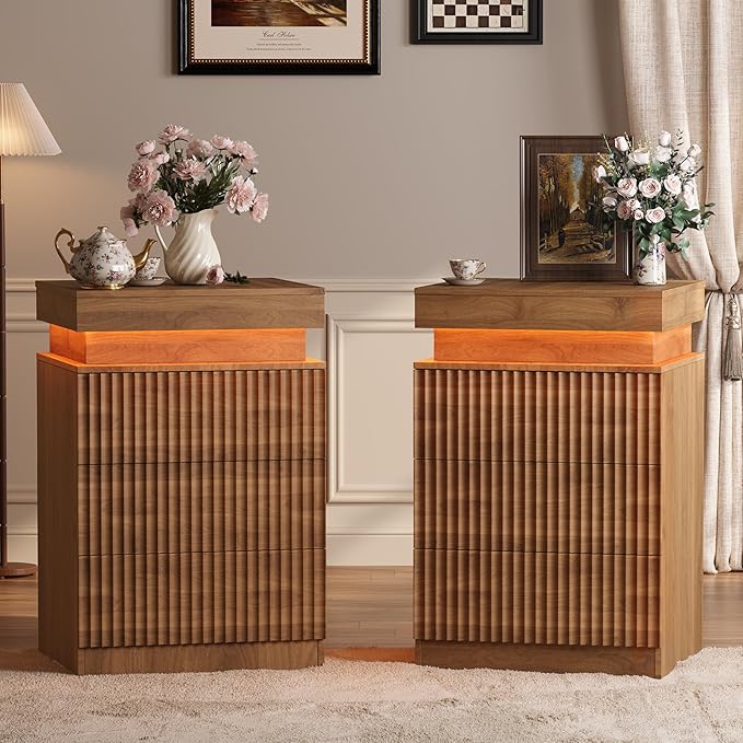 Nightstand Set of 2 for Bedroom, LED Nightstand with 3 Drawers and Charging Station, Mid Century Modern Fluted Nightstands, Bedside Tables & End Tables, Walnut