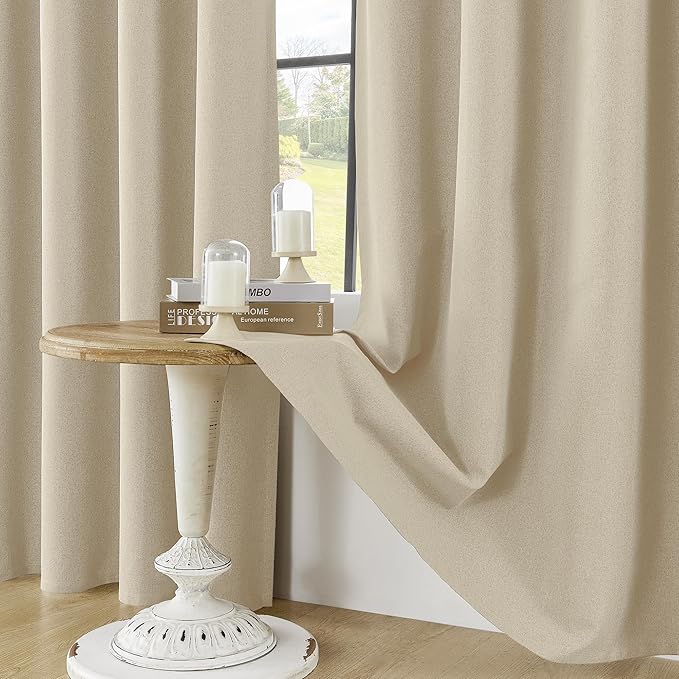 ChrisDowa 100% Blackout Linen Curtains, 2 Panels Set Thermal Insulated Room Darkening Curtains for Living Room, Privacy Grommet Window Drapes for Bedroom (Greyish Beige, 52 x 96 Inch)