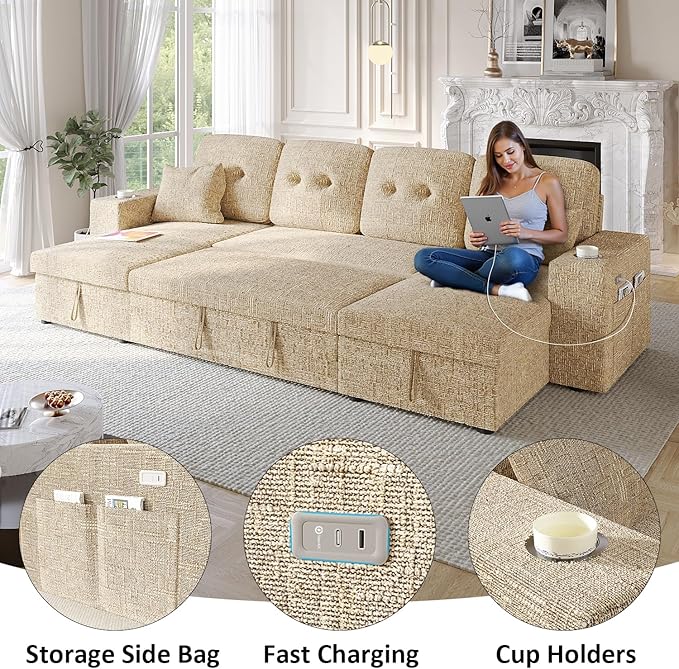 117" Sleeper Sofa Bed, U-Shaped Sofa with Dual Reversible Storage Chaise | Adjustable Backrest | Wide Armrest, Sectional Couches for Living Room, 4 in 1 Pull Out Couch Bed, Khaki Chenille