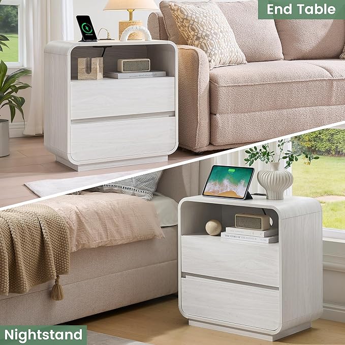 Farmhouse White Nightstand with Charging Station, 25" Tall Wood Bedside Table, Modern Night Stand with 2 Storage Drawers, Curved Profile, End Table for Bedroom, Dorm, Sofa, Office