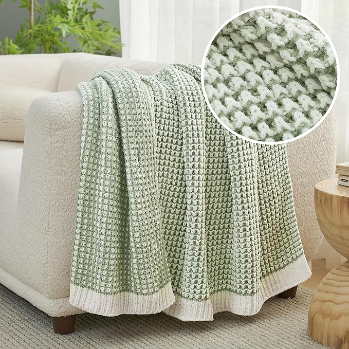 Amélie Home Waffle Chenille Throw Blanket for Couch, Pineapple Stitch Knit Soft Cozy Knit Blanket Decorative Throw for Sofa, Chair, 60 * 80", Sage Green&Ivory