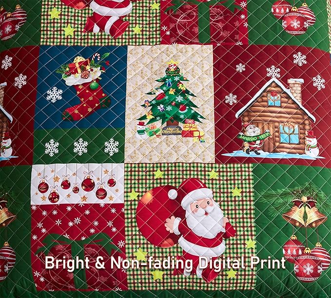 CHIXIN Christmas Oversized Bedspread King Size, Santa Claus Pattern Bedding Quilt, Rustic Lodge Plaid Patchwork Coverlet Set, Lightweight & Soft Microfiber, 3 Piece, King/Cal King
