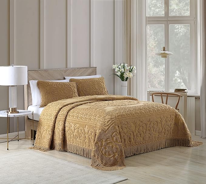 Beatrice Home Fashions Medallion Chenille Bedspread, King Sham, Gold
