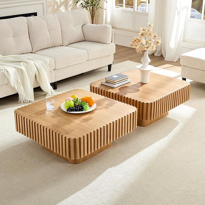 LKTART Square Coffee Table for Living Room, Accent Fluted Coffee Table with Storage, Modern Solid Wood Veneered Large Center Tea Table for Small Space Apartment (35.4''D×16''H-Natural)