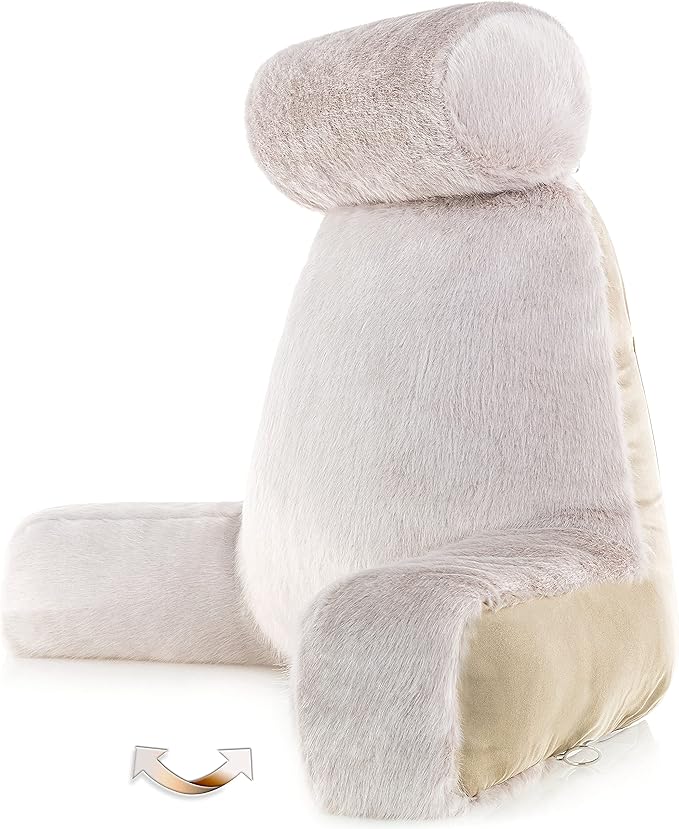 Husband Pillow XXL Baby Golden Wolf Fabulous Faux Fur Backrest, Two-Tone Reversible Double Sided Reading & Bed Rest Pillow with Arms & Neck Roll, Adjustable Memory Foam - Sit Up Extremely Comfy