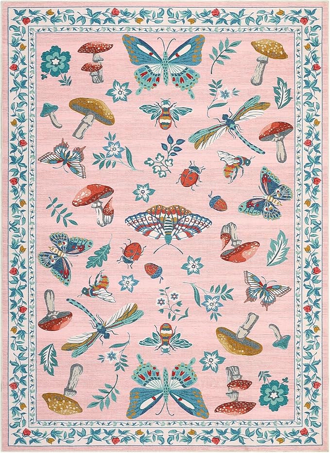 Mushroom Insect 8x10 Area Rugs, Washable Rugs for Living Room Non Slip Stain Resistant Low Pile Modern Butterfly Carpet for Bedroom Dining Room Nursery Playroom Office, Pink