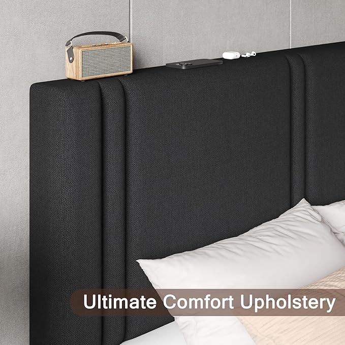 Upholstered King Size Bed Frame with Linen Fabric Headboard, Strong Wooden Slats Support, Noise Free, No Box Spring Needed, Black