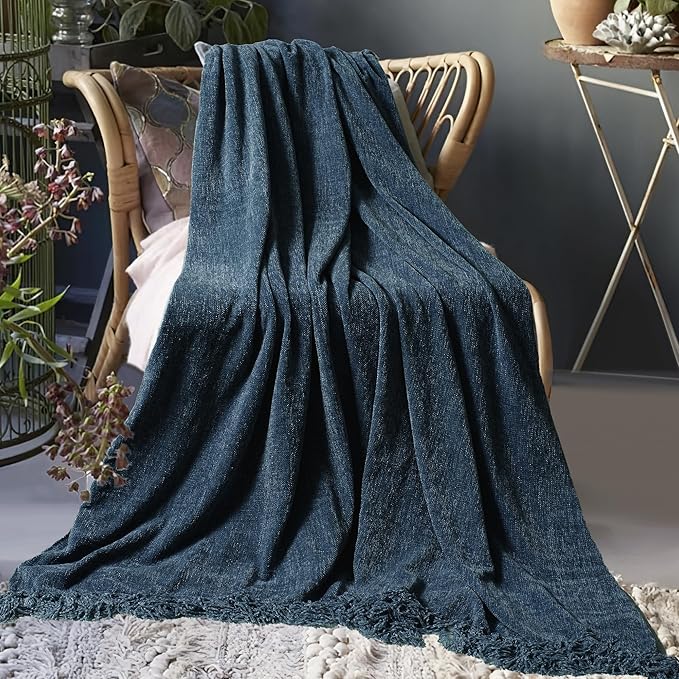 Chenille Throw Blanket for Couch 50"X 60", Soft Cozy Throws with Fringe Tassel for Bed Sofa Chair Cover, Lightweight Knitted Decorative Boho Blankets for Living Room, Navy Blue