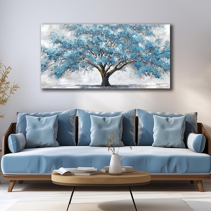 JuhaiArt Teal Wall Decor Tree Wall Art for Living Room Bedroom Home Office White Canvas Picture 24" x 48" modern Prints Art