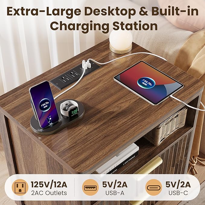 CypBed NightStand Set of 2 with Charging Station, Bedside Tables with 2 Drawers & Storage Shelf, Wood Fluted Nightstand with Rounded Corner Design, Modern End Table for Bedroom, Easy Assembly