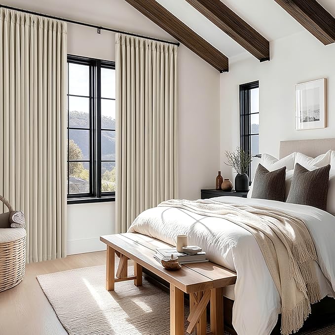 Neutral Oatmeal Pinch Pleated 100% Blackout Linen Curtains 80 Inch Length 2 Panels Set Pinch Pleat Curtains Black Out Light Blocking Room Darkening Drapes with Liner for Bedroom Living Room Window