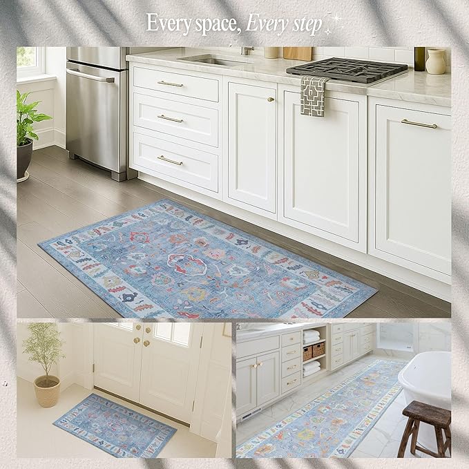 Fame Rugs Blue Modern Oushak Rug 9x12, Vintage Turkish Colorful Oriental Washable Antique Inspired Oversize Area Rugs, Luxury Living Room Bedroom (381LB, 9' x 12)