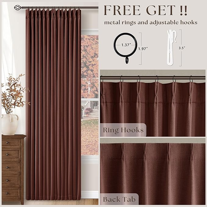 Red Brown 80 Inch Pinch Pleated Black Out Curtains 2 Panel Set for Living Room Pinch Pleat Linen Drapes with Liner 80 Inches Long 100% Blackout Light Blocking Energy Saving Curtain for Dining Bedroom