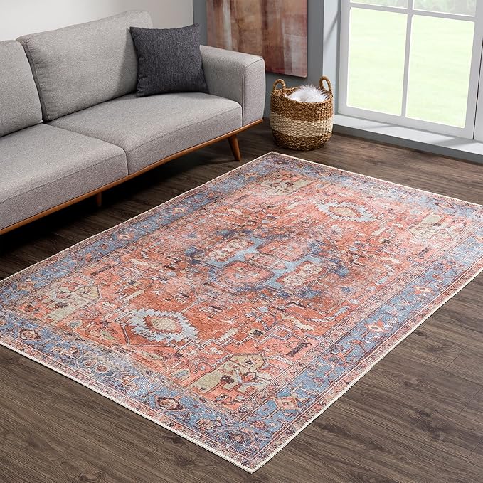 Bloom Rugs Washable Non-Slip 2' x 3' Rug - Terracotta/Blue Traditional Oriental Area Rug for Living Room, Bedroom, Dining Room, and Kitchen - Exact Size: 2' x 3'
