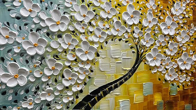 YaSheng Art -100% HandPainted Oil Painting On Canvas Texture White 3D Flower Tree Paintings Abstract Canvas Wall Art Home Bedroom Dining Room Living Room Modern Wall Decor Art Ready to hang 24x48inch