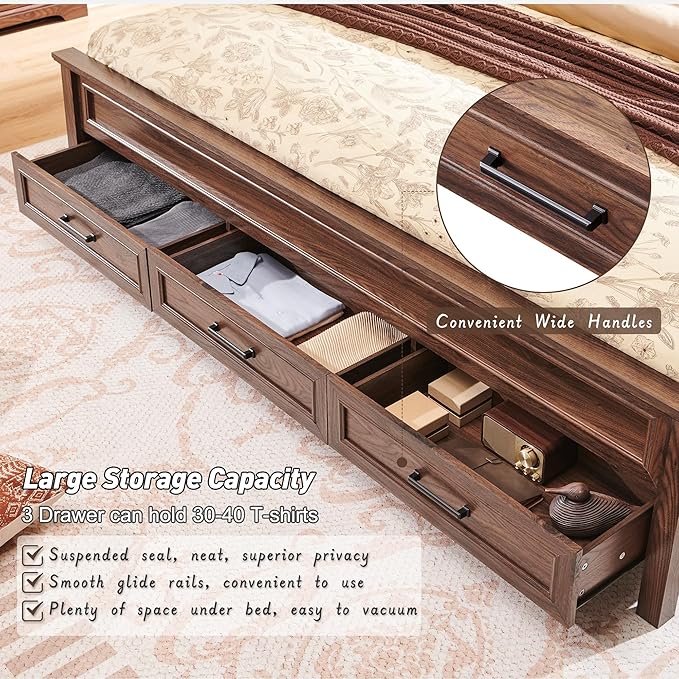 ACCOHOHO Farmhouse Queen Size Bed Frame with 52" Tall Headboard, Wood Platform Bedframe with Footboard and Storage Drawers, No Squeak, No Box Spring Needed, Brown