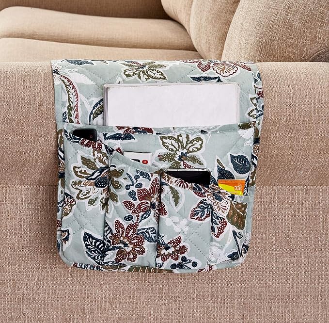 Brilliant Sunshine Vintage Beautiful Green Flowers Couch Armrest 5 Pockets Organizer, Slip Resistant Armchair Caddy, Washable Remote Controls Holder, Storage for Magazine, Tablet, iPad, 35×13", Green