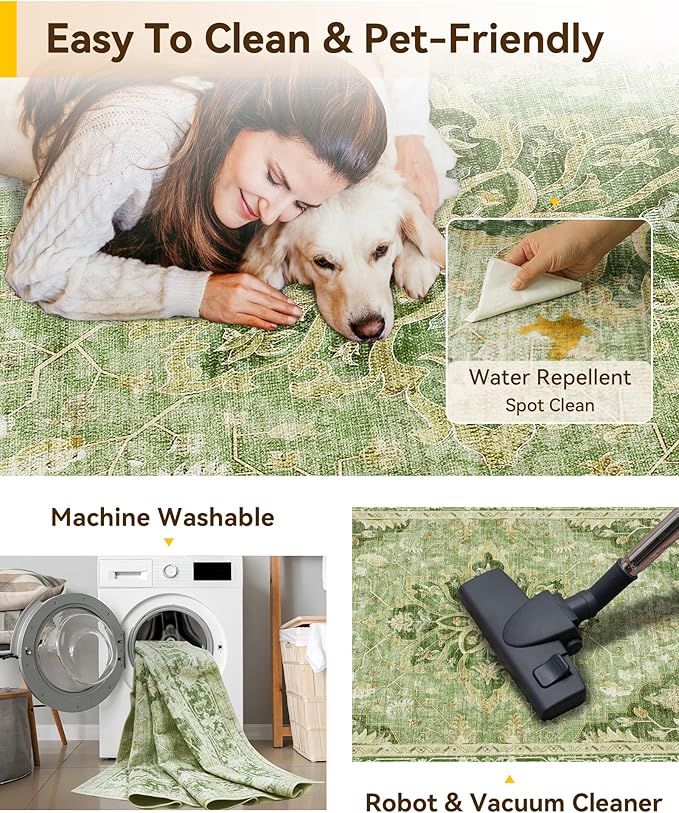 Area Rugs 7'x9' Washable Non-Slip, Floral Vintage Distress Print Pattern Medallion Carpet for Living Room Bedroom Dining Room, Sage Green Yellow