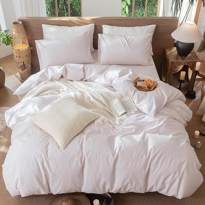 MooMee Striped Duvet Cover Set 100% Washed Cotton Linen Like Textured Breathable Durable Soft Comfy (Heathered Greyish Pink Pinstripes, Cal King 104"x98")