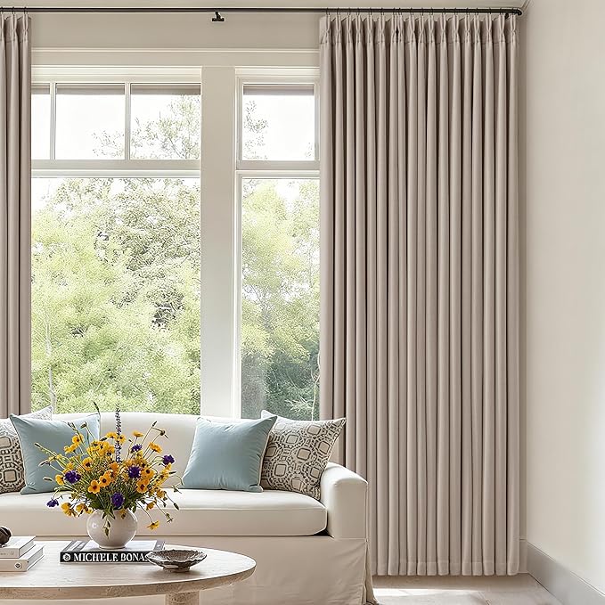Extra Wide 70 Inch Burlywood Birch Blackout Bedroom Curtains 96 Inches Long Memory Trained Pinch Pleated Room Darkening Thermal Linen Textured Two Layer Drapes for Living Room Sliding Patio Door