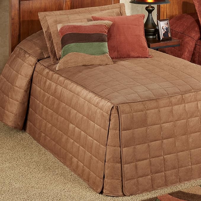 Touch of Class Camden Luxury Bedding | Neutral Camel Color | Classic Fitted Bedspread | Faux Suede Box Quilted Design | Designed 2 Piece Set Includes Twin Bedspread and 1 Standard Sham