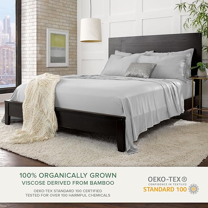 Pure Bamboo Twin Sheets, Genuine 100% Organic Viscose Derived from Bamboo Bed Sheet Set, Luxuriously Soft & Cooling, Double Stitching, 2 Year Quality Promise (Twin, Silver Pearl)