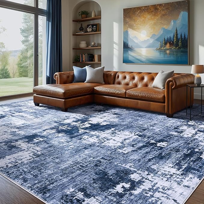 Area Rug Living Room Rugs - 8x10 Washable Large Soft Indoor Neutral Modern Abstract Low Pile Rug Carpet for Bedroom Dining Room Farmhouse Home Office - Navy Blue