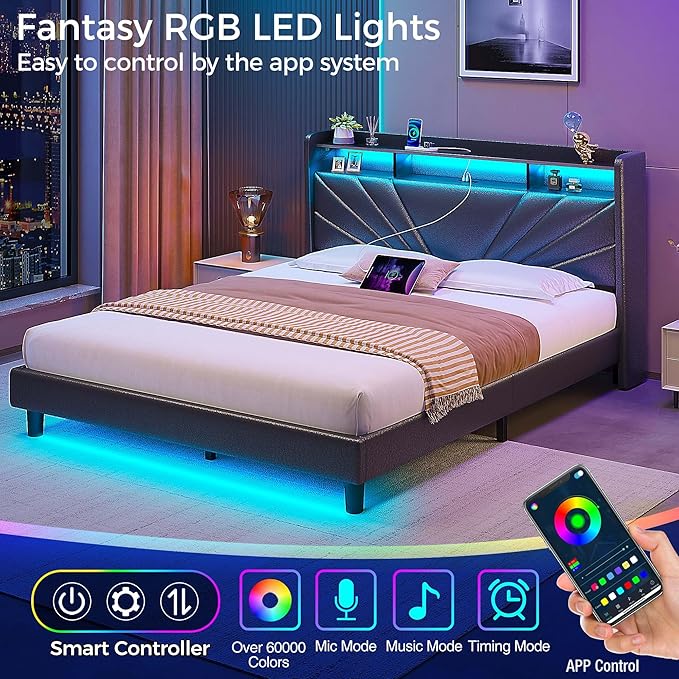 Rolanstar Queen Size Bed Frame, Storage Headboard with Charging Station and LED Lights, Upholstered Bed with Heavy Duty Wood Slats, No Box Spring Needed, Noise Free, Easy Assembly, Black