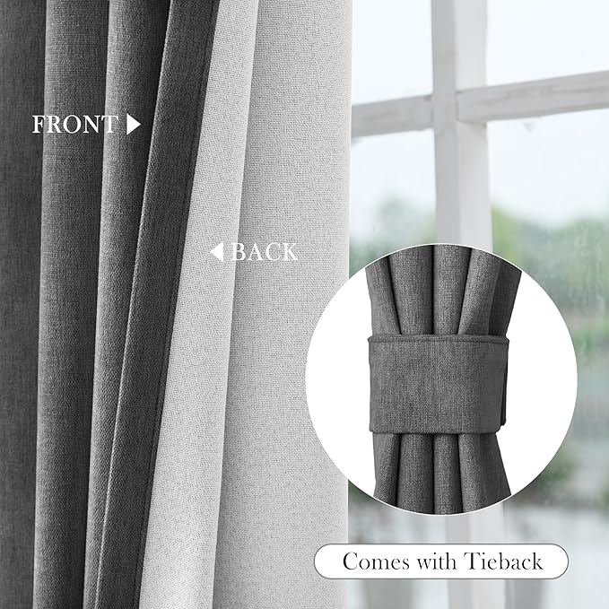 Macochico 100% Blackout Curtains Insulted Window Panels for Bedroom Living Room Dining Room Luxury Chenille Curtains Classic Home Decor Dark Grey Curtains with Tieback 52" Wx72 L Grommet 1 Panel