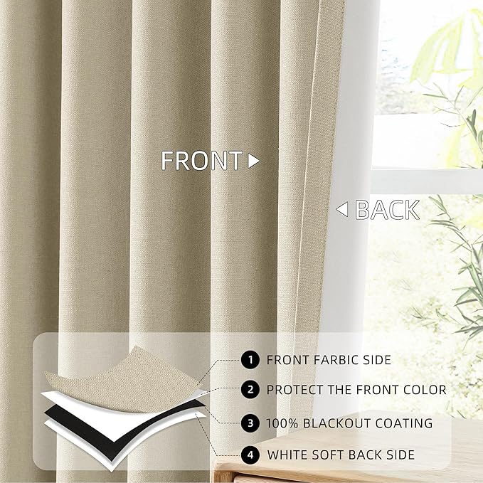 ChrisDowa 100% Blackout Natural Solid Solid Curtains 63 Inches Long 2 Panels for Bedroom Living Room,Farmhouse Room Darkening Thermal Insulated Soundproof Grommet Top Window Treatment Drapes,52x63